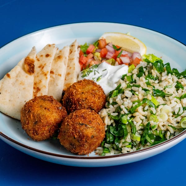 Pita Press Greek falafel plate with pita bread, rice, salad, and tzatziki on a blue background.