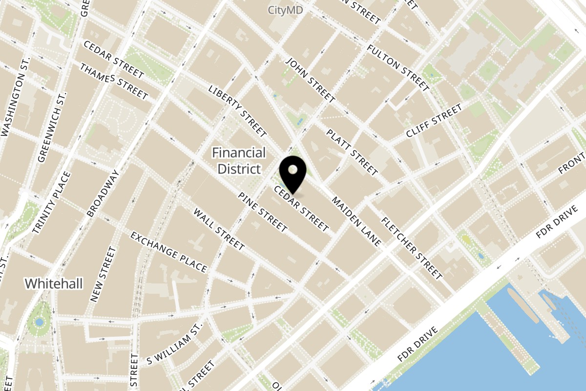 Map showing the location of Pita Press Greek Rotisserie on 25 Cedar St in New York